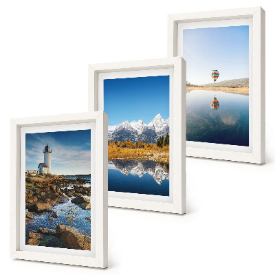 Trittico incorniciato Panorami naturali con faro, montagne, lago e mongolfiera.