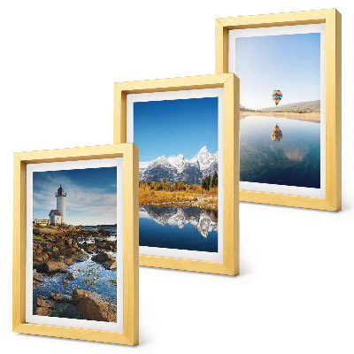 Trittico incorniciato Panorami naturali con faro, montagne, lago e mongolfiera.