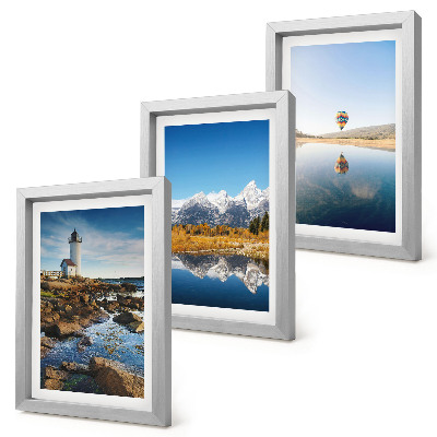Trittico incorniciato Panorami naturali con faro, montagne, lago e mongolfiera.