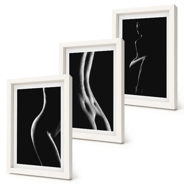 Composizione di 3 quadri Silhouette femminili in bianco e nero, erotismo