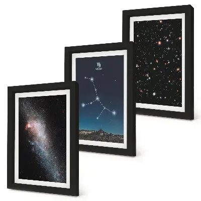 Composizione di 3 quadri rappresentazione della costellazione della Vergine e della galassia nell'universo