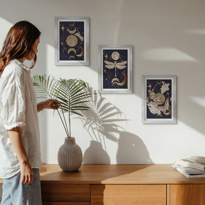 Composizione di 3 quadri Motivi naturalistici con la luna, lo spazio e i fiori.
