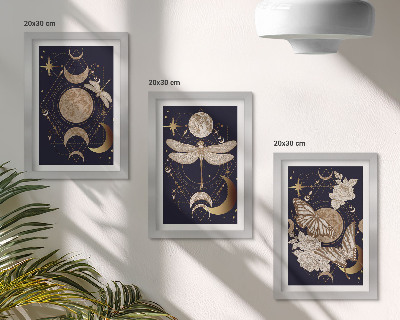 Composizione di 3 quadri Motivi naturalistici con la luna, lo spazio e i fiori.