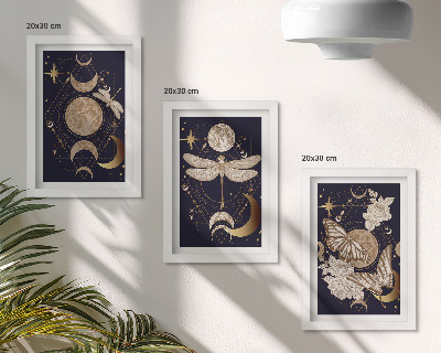 Composizione di 3 quadri Motivi naturalistici con la luna, lo spazio e i fiori.