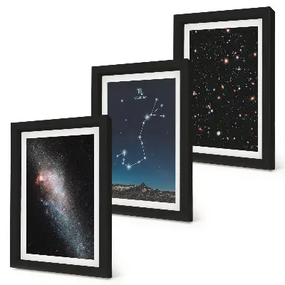 Composizione di 3 quadri raffiguranti paesaggi cosmici con galassie e la costellazione dello Scorpione