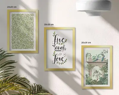 Composizione di 3 quadri con foglie verdi, iscrizioni e piante esotiche in architettura