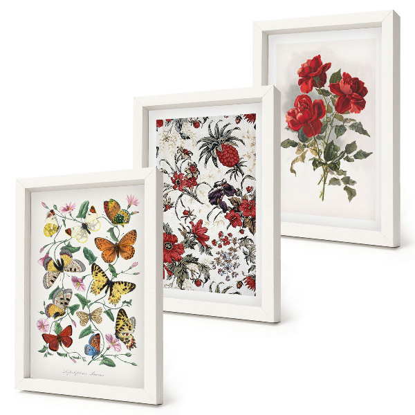 Trittico incorniciato Farfalle, fiori e rose rosse in stile classico