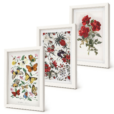 Trittico incorniciato Farfalle, fiori e rose rosse in stile classico