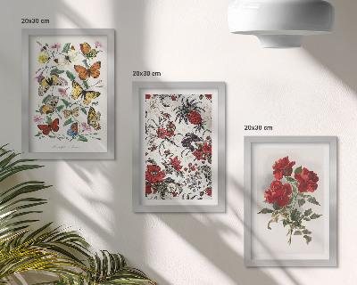 Trittico incorniciato Farfalle, fiori e rose rosse in stile classico