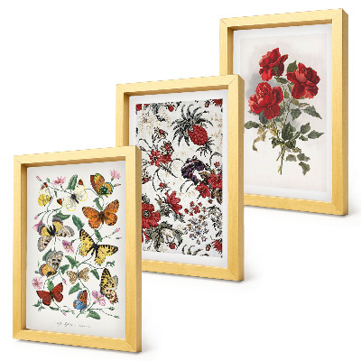 Trittico incorniciato Farfalle, fiori e rose rosse in stile classico