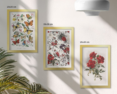 Trittico incorniciato Farfalle, fiori e rose rosse in stile classico