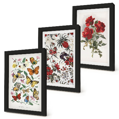 Trittico incorniciato Farfalle, fiori e rose rosse in stile classico