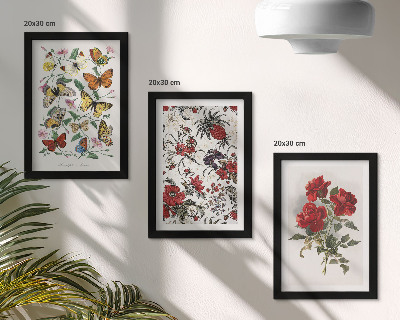 Trittico incorniciato Farfalle, fiori e rose rosse in stile classico
