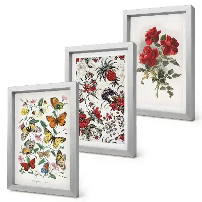 Trittico incorniciato con farfalle, fiori e rose rosse in stile classico