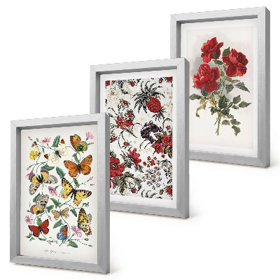 Trittico incorniciato Farfalle, fiori e rose rosse in stile classico
