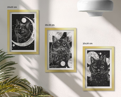 Composizione di 3 quadri Gatti neri sullo sfondo della luna e dei pianeti nello spazio