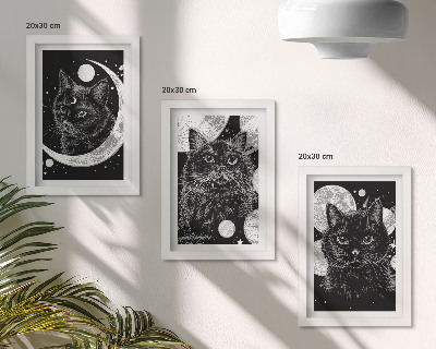 Composizione di 3 quadri Gatti neri sullo sfondo della luna e dei pianeti nello spazio