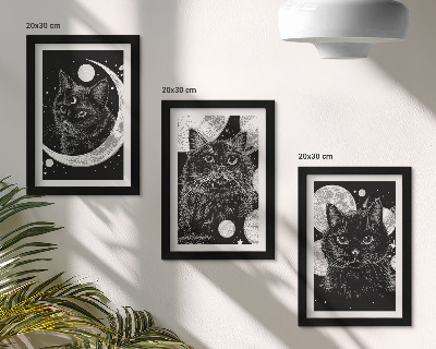 Composizione di 3 quadri Gatti neri sullo sfondo della luna e dei pianeti nello spazio