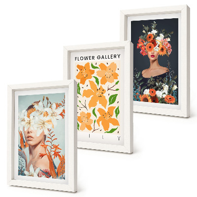 Composizione di 3 quadri Ritratti floreali con bouquet e foglie colorate