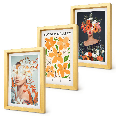 Composizione di 3 quadri Ritratti floreali con bouquet e foglie colorate
