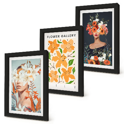 Composizione di 3 quadri Ritratti floreali con bouquet e foglie colorate
