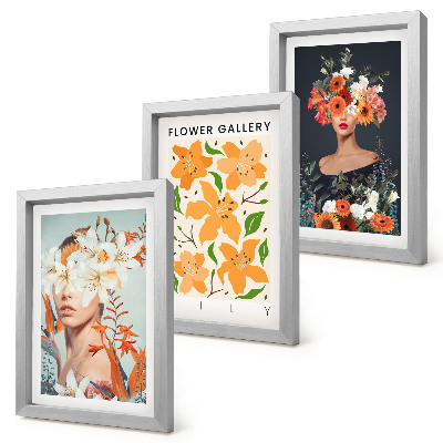 Composizione di 3 quadri Ritratti floreali con bouquet e foglie colorate