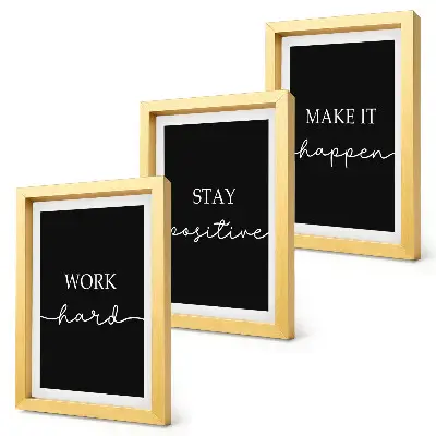 Set di 3 quadri con eleganti slogan motivazionali su sfondo nero