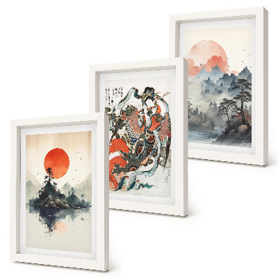 Trittico incorniciato Dipinti di paesaggi asiatici e ritratti in stile Japandi
