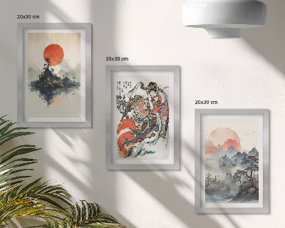 Trittico incorniciato Dipinti di paesaggi asiatici e ritratti in stile Japandi