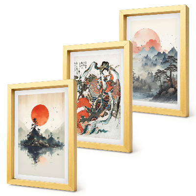 Trittico incorniciato Dipinti di paesaggi asiatici e ritratti in stile Japandi