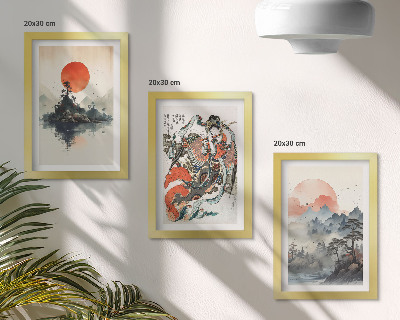 Trittico incorniciato Dipinti di paesaggi asiatici e ritratti in stile Japandi