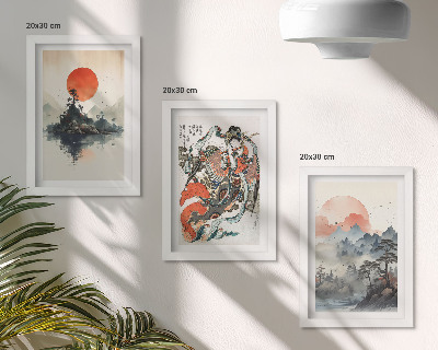 Trittico incorniciato Dipinti di paesaggi asiatici e ritratti in stile Japandi