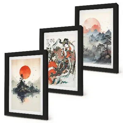 Trittico incorniciato con dipinti di paesaggi asiatici e ritratti in stile Japandi