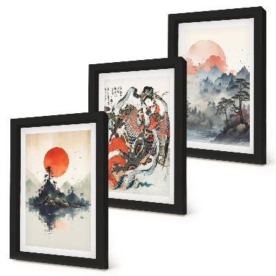 Trittico incorniciato Dipinti di paesaggi asiatici e ritratti in stile Japandi