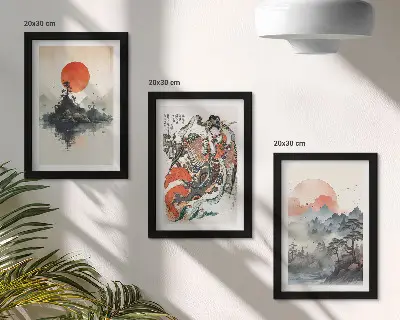Trittico incorniciato con dipinti di paesaggi asiatici e ritratti in stile Japandi