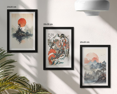 Trittico incorniciato Dipinti di paesaggi asiatici e ritratti in stile Japandi