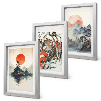 Trittico incorniciato Dipinti di paesaggi asiatici e ritratti in stile Japandi
