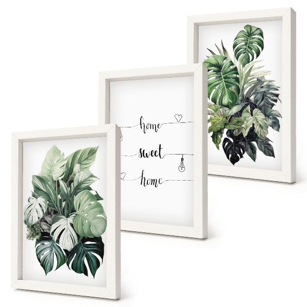 Trittico incorniciato Foglie di Monstera ad acquerello Casa dolce casa