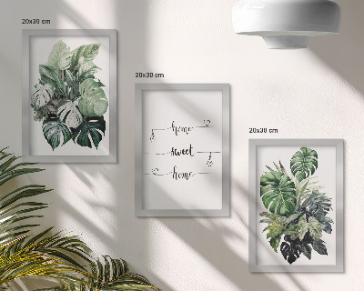 Trittico incorniciato Foglie di Monstera ad acquerello Casa dolce casa