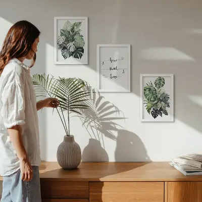 Trittico di quadri con foglie di Monstera ad acquerello decorazione da parete Casa dolce casa