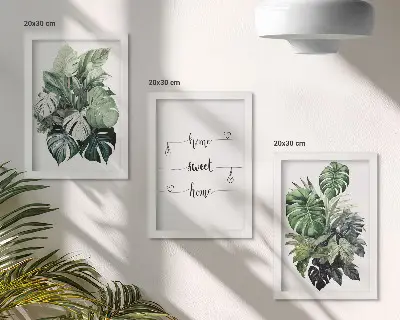 Trittico di quadri con foglie di Monstera ad acquerello decorazione da parete Casa dolce casa