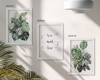 Trittico incorniciato Foglie di Monstera ad acquerello Casa dolce casa