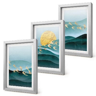 Composizione di 3 quadri Paesaggi astratti di onde solari e uccelli in volo.