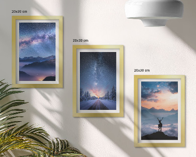 Trittico incorniciato Cielo notturno, montagne, paesaggi nella nebbia e cervi