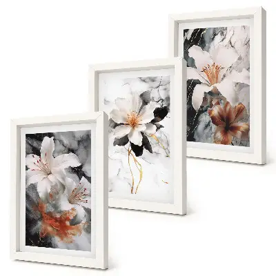Composizione di 3 quadri con fiori su sfondo di marmo nei toni del bianco e nero