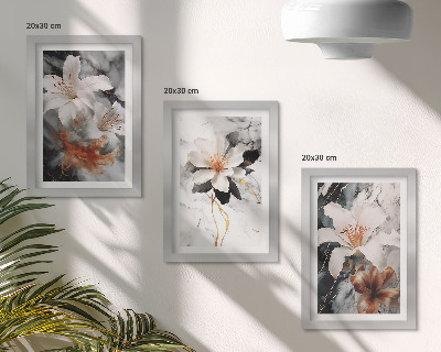 Composizione di 3 quadri Fiori su sfondo di marmo nelle tonalità del bianco e del nero