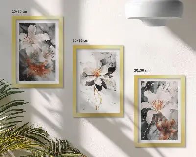 Composizione di 3 quadri con fiori su sfondo di marmo nei toni del bianco e nero