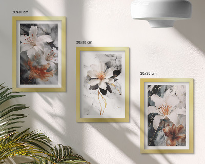Composizione di 3 quadri Fiori su sfondo di marmo nelle tonalità del bianco e del nero