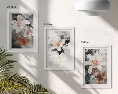 Composizione di 3 quadri con fiori su sfondo di marmo nei toni del bianco e nero