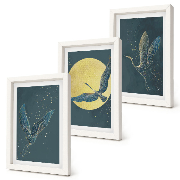 Trittico incorniciato Gru in volo sullo sfondo della luna e delle stelle.